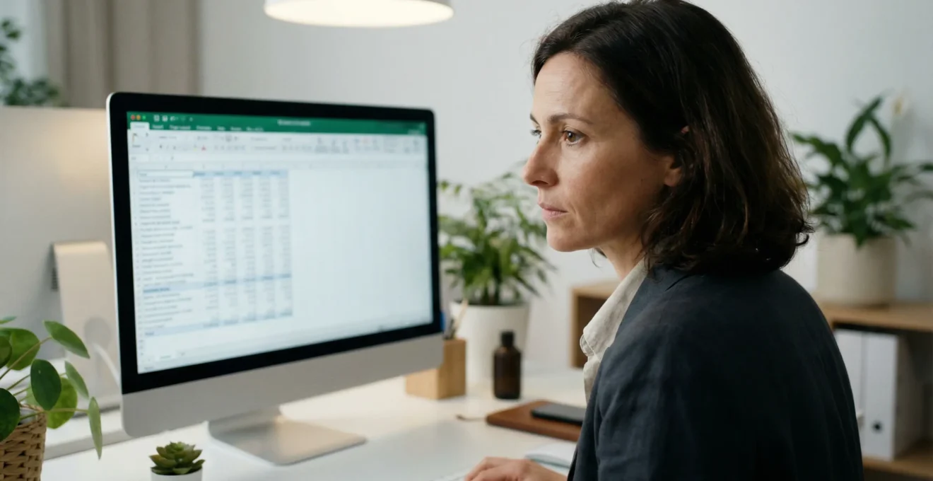 Professionnelle analysant des calculs d'indemnités PSE sur écran d'ordinateur