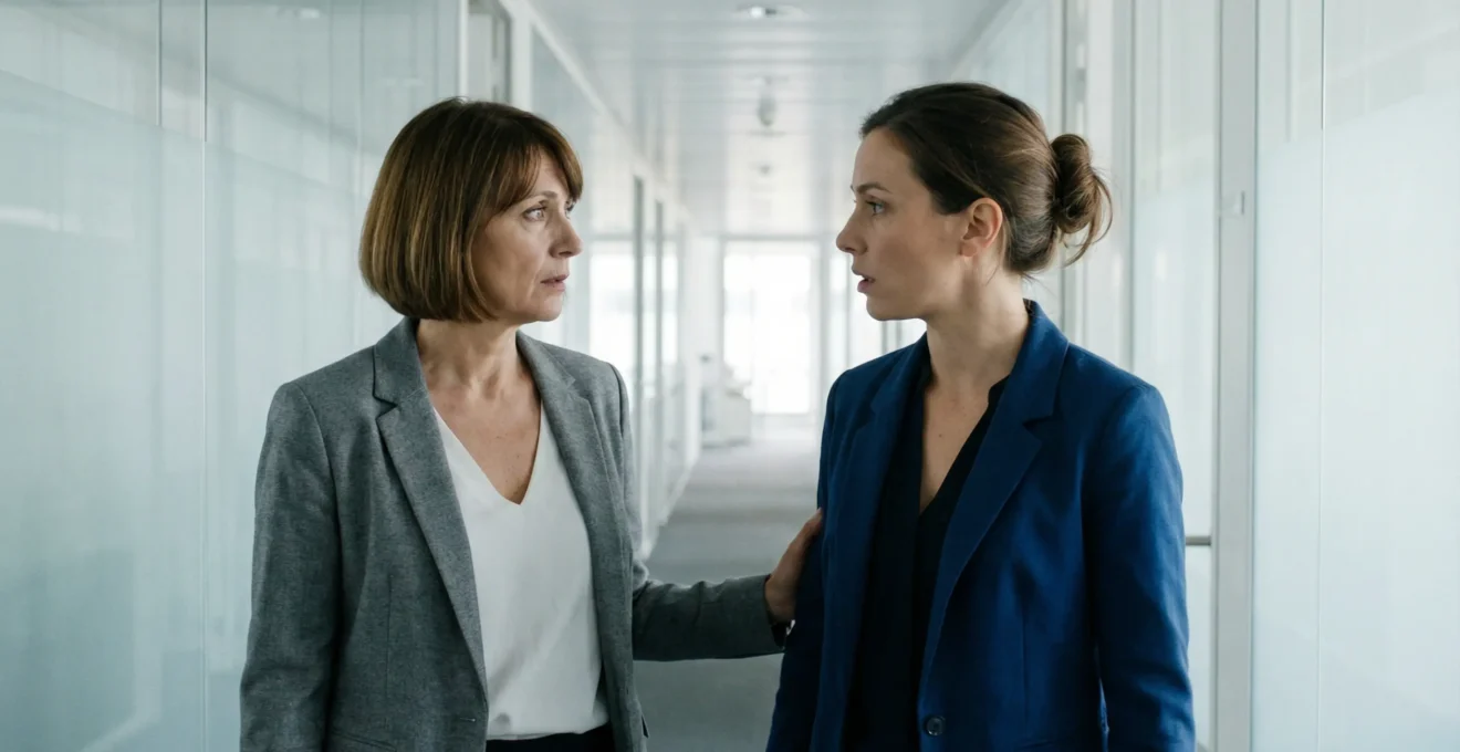 Échange entre élue CSE et salariée concernée par un PSE dans couloir d'entreprise