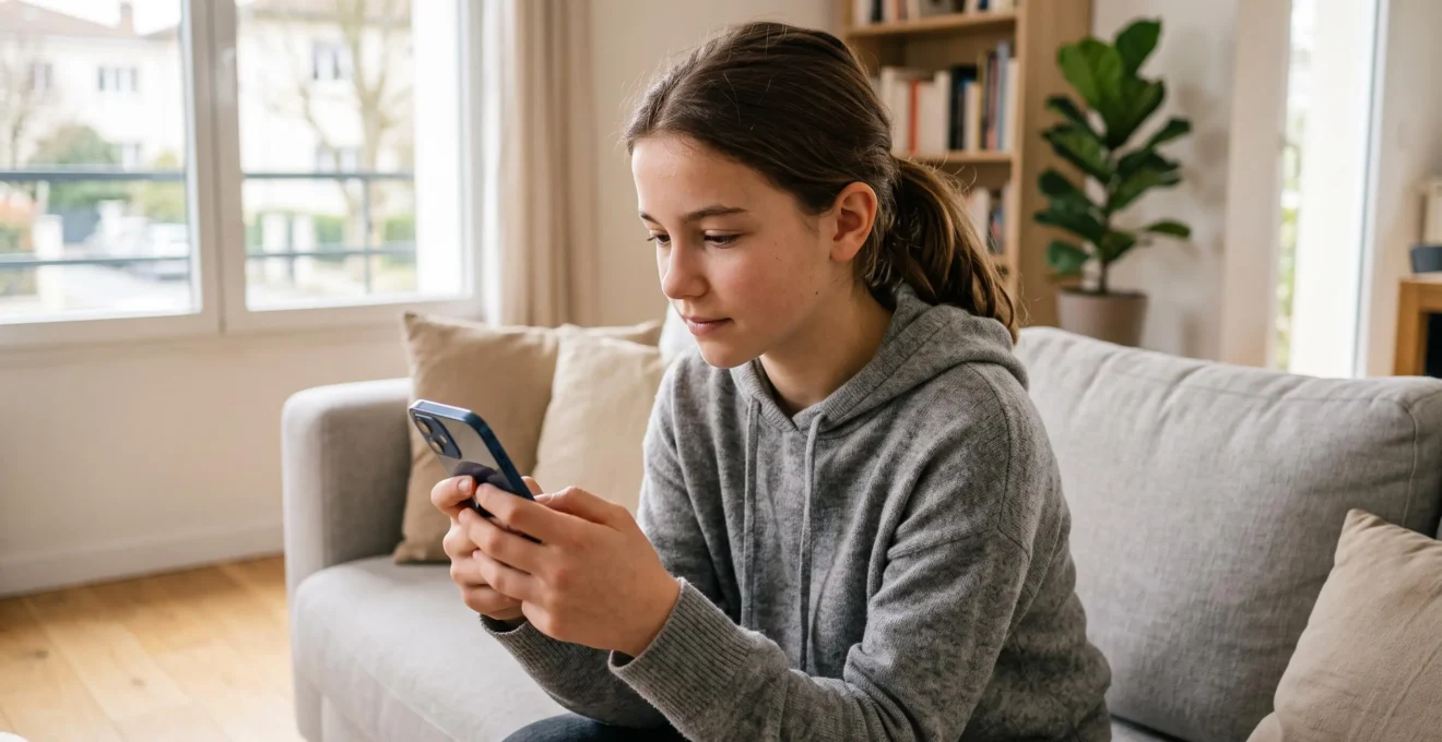 Un adolescent consulte attentivement une application bancaire mobile sur son smartphone dans un environnement domestique calme et lumineux