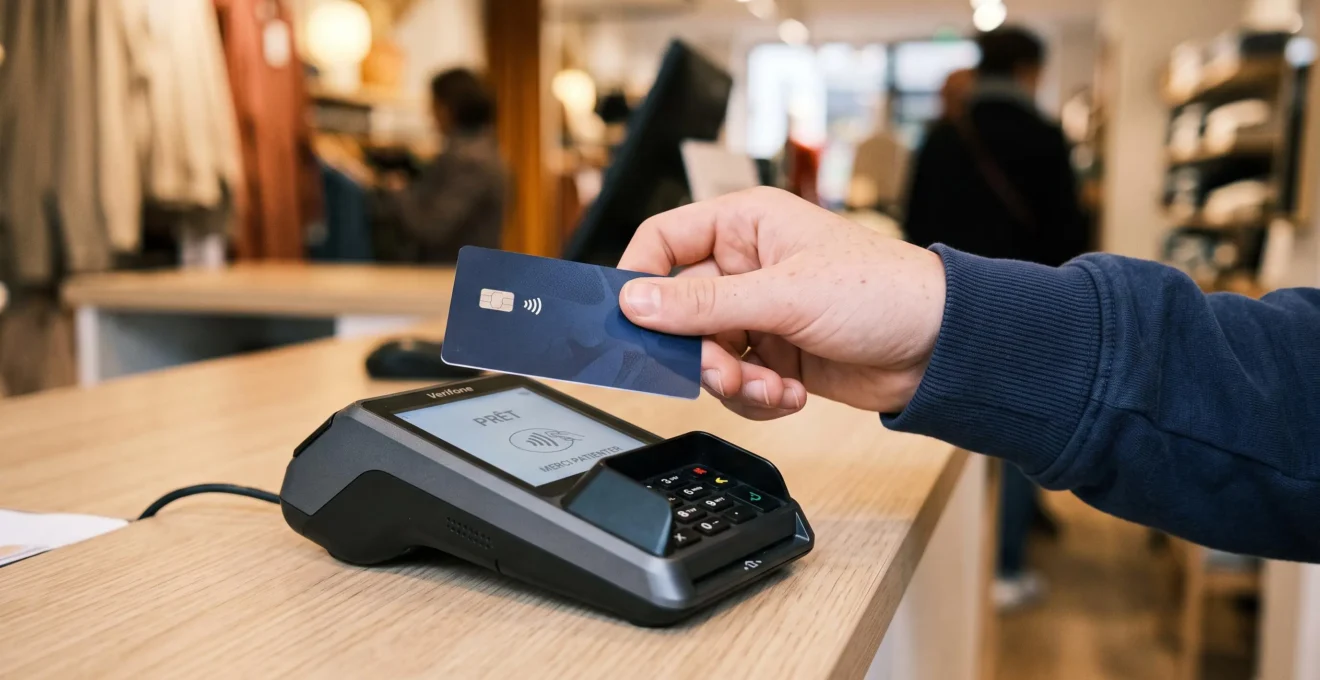 Gros plan sur la main d'un adolescent présentant une carte bancaire au-dessus d'un terminal de paiement sans contact