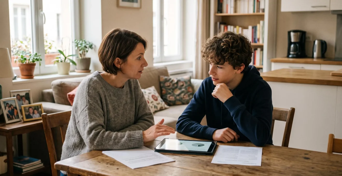Un parent et son adolescent discutent ensemble des options bancaires pour jeunes, assis à une table avec une tablette ou des documents