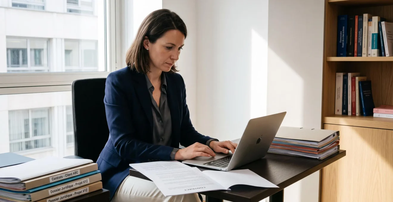 Professionnelle travaillant sur des documents juridiques à son bureau avec ordinateur portable dans un environnement de travail moderne