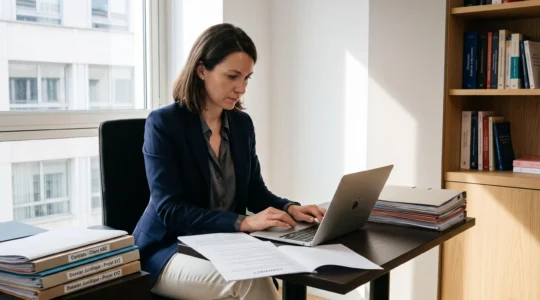 Professionnelle travaillant sur des documents juridiques à son bureau avec ordinateur portable dans un environnement de travail moderne